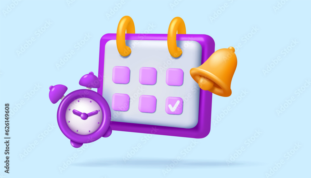 Poster 3d calendar. time management icons. month schedule. alarm clock. reminder notification. agenda deadl
