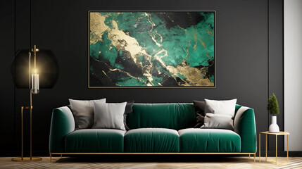 Modern living room with green marble texture painted background on the wall,3D Watercolor abstract artificial marbled surface, Nordic emerald green and gold for home decorative, Generated AI.