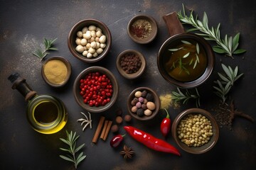 Obraz na płótnie Canvas Spice food olive oil capers soy sauce rosemary garlic, Generative ai
