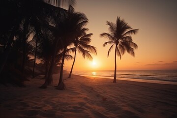Summer sunset on a tropical sandy beach with palms. High quality photo,Generative ai