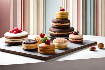 display of pastries inspired by the elegance of French patisserie,macarons, flaky croissants, and beautifully crafted tartlets,a sense of Parisian charm | Generative AI - obrazy, fototapety, plakaty
