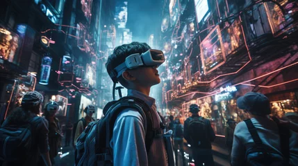 Tuinposter Kid with vr in future city  © Poprock3d