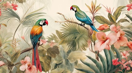 Tropical oasis - exotic flowers and paradise birds - parrots, jungle