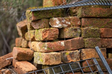old pile of convict bricks for construction in tasmania australia - obrazy, fototapety, plakaty
