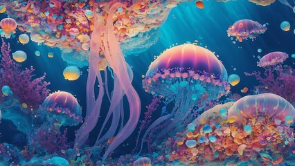 Abstract Background Of Jellyfish Floating In Depths Of The Ocean Generative AI - obrazy, fototapety, plakaty