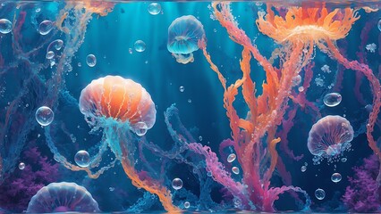 Abstract Background Of Jellyfish Floating In Depths Of The Ocean Generative AI