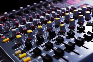 Fototapeta premium Close-up of a Mixer Creating Musical Magic with Vibrant Colors and Dynamic Sound Waves, Generative AI
