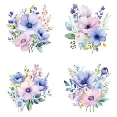 A set of blue-pink watercolor bouquets on a white background. Generative AI