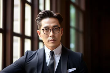 Portrait of an handsome Korean man in his 40s wearing glasses with formal slick hairstyle smooth beardless face, wearing a suit in a luxury ancient library © Keitma