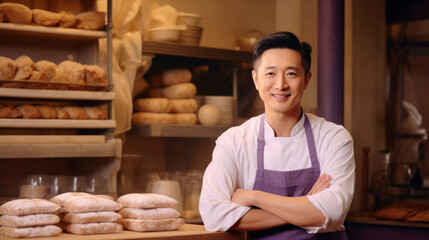 Fototapeta na wymiar Asian man baker in a vintage bakery with freshly baked loaves of bread