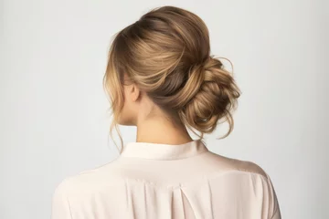  Back view of a girl head with hair in a messy bun hairstyle and simple top © Keitma