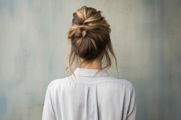 Back view of a girl head with hair in a messy bun hairstyle and simple top - obrazy, fototapety, plakaty