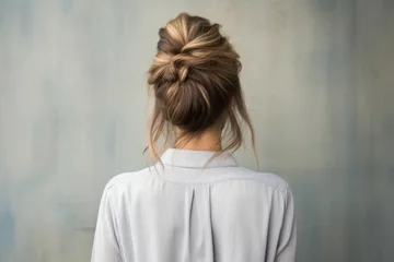 Foto auf Glas Back view of a girl head with hair in a messy bun hairstyle and simple top © Keitma