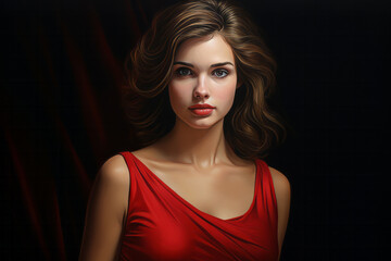 Portrait of a beautiful young tall brunette woman in a tight red dress