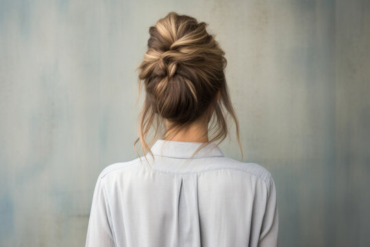 Back view of a girl head with hair in a messy bun hairstyle and simple top