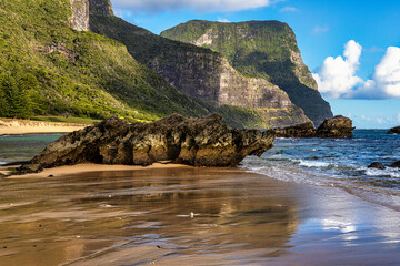 Reflections at Salmon Beach looking towards Mount Lidgbird and Mount Gower, Lord Howe Island, Australia