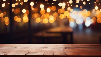 Empty wooden table and bokeh lights blurred outdoor cafe background, Generative AI