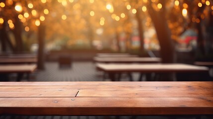 Empty wooden table and bokeh lights blurred outdoor cafe background, Generative AI