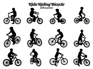Cycling kids silhouettes vector illustration set