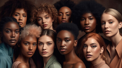 Fototapeta premium Inclusive Beauty: Diverse Women Embracing Beauty Glamour and Neutral Fashion Campaign Retouched Powerful Generative AI