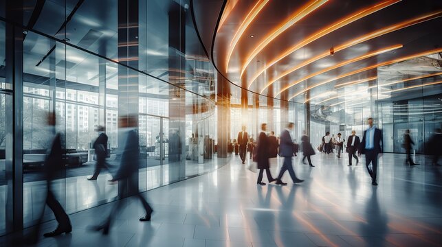 Long exposure shot of crowd of business people walking in bright office lobby fast moving with blurry, Generative AI