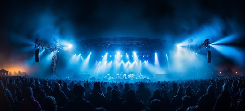 Electric Blue Concert Stage with Enthusiastic Crowd and Vibrant Light Show, Copy Space, Generative AI