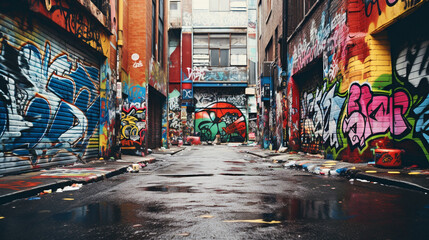 A blank advertising panel situated in a vibrant graffiti-laden urban alleyway, art meets...