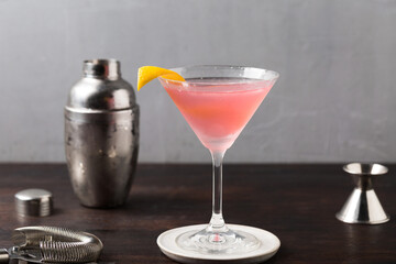 Classic Cosmopolitan Cocktail alcoholic gin, triple sec liqueur, fresh lemon juice and raspberry sugar syrup