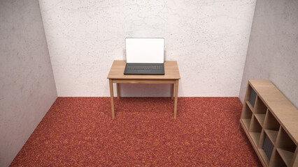 TOP VIEW OF LAPTOP PLACED ON WOODEN TABLE IN CASUAL RED CARPET ROOM 