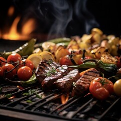 Appetizingly arranged on a dark background,  features grill meat chunks, potatoes, tomatoes, greens, and lemon slices, inviting a delightful culinary experience