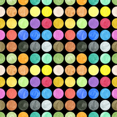 Seamless pattern of multicolored dots. Hand drawn circle illustration. Hand painted elements on black background.