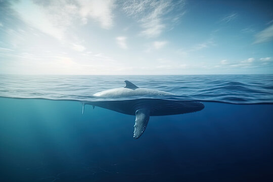 Baby Humpback Whale Calf In Blue Water, Blue Whale, whale in sea , generative ai