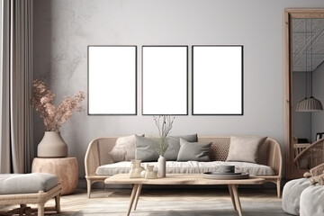 different size framed photos hanging on the gray wall. Frame mockup in the interior. Picture frame interior set mockup