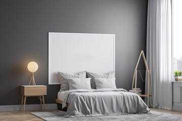 Horizontal frame mockup in boho bedroom interior Mock up frame in bedroom interior backdrop, white room with natural wooden furnishings, Scandi Boho style,. Generative AI Generative Ai