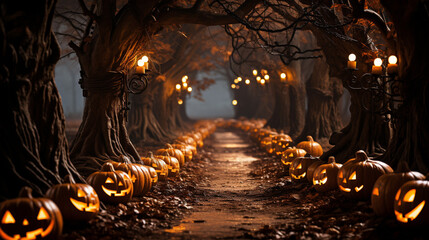 Obraz premium Jack-o'-Lanterns in a Spooky Forest, Generative AI