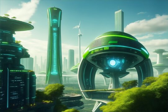 A futuristic cityscape powered by a vibrant green energy source.Created with generative AI