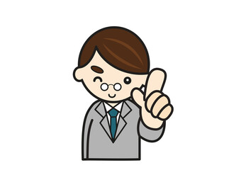 指さしポーズのするスーツ姿の男性