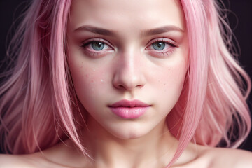 Fototapeta premium captivating girl with stunning pink hair in this striking headshot close-up, radiating elegance and charm