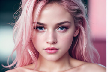 Obraz premium captivating girl with stunning pink hair in this striking headshot close-up, radiating elegance and charm