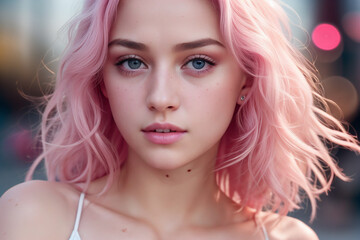 captivating girl with stunning pink hair in this striking headshot close-up, radiating elegance and charm