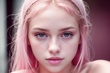 Fototapeta premium captivating girl with stunning pink hair in this striking headshot close-up, radiating elegance and charm
