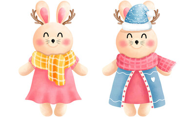 Festive christmas cute bunny clipart set.Cute little bunny with antlers,scarf, beanie and winter costume.