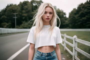 captivating blonde girl, wearing a stylish blouse that shows her belly button and matching shorts in this striking headshot close-up, radiating elegance and charm - obrazy, fototapety, plakaty