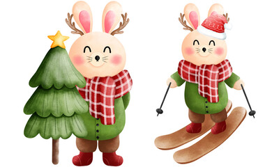Set of adorable watercolor bunny with christmas tree,antlers skiing in a green sweater and brown pants.