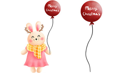 Festive christmas bunny with balloons clipart set.Cute little bunny with red balloons.