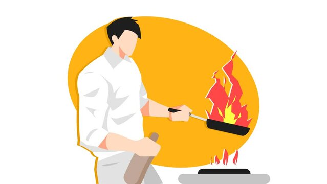 male chef character animation cooking with fire. chef's unique skills and performance. suitable for cooking themes, professions, hobbies, acrobatics, etc. alpha transparency background. flat style.