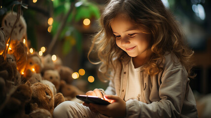 A kid setting in her room, having fun playing a game on her smartphone. AI Generated
