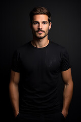 Fototapeta na wymiar Man in black tshirt isolated on black background. AI Generated