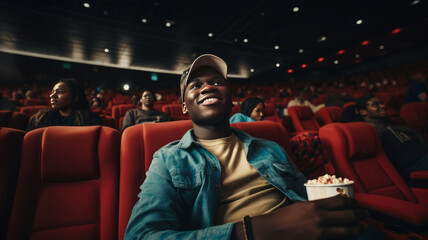 Black man eating popcorn in a movie theater, sitting and eating popcorn. AI Generated