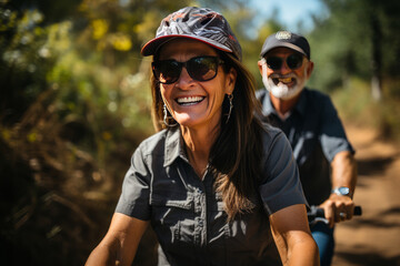 Fototapeta na wymiar Happy older couple explores nature by bike on sunny day. AI Generated